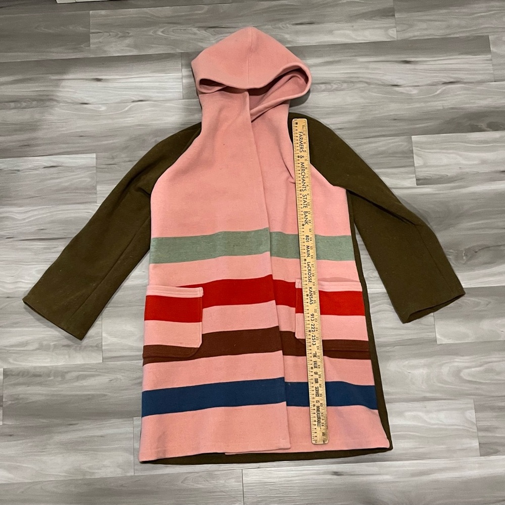 Handmade New Look Pink Hooded Striped Wool-Blend Cape Coat with Olive Sleeves - Picture 3 of 8